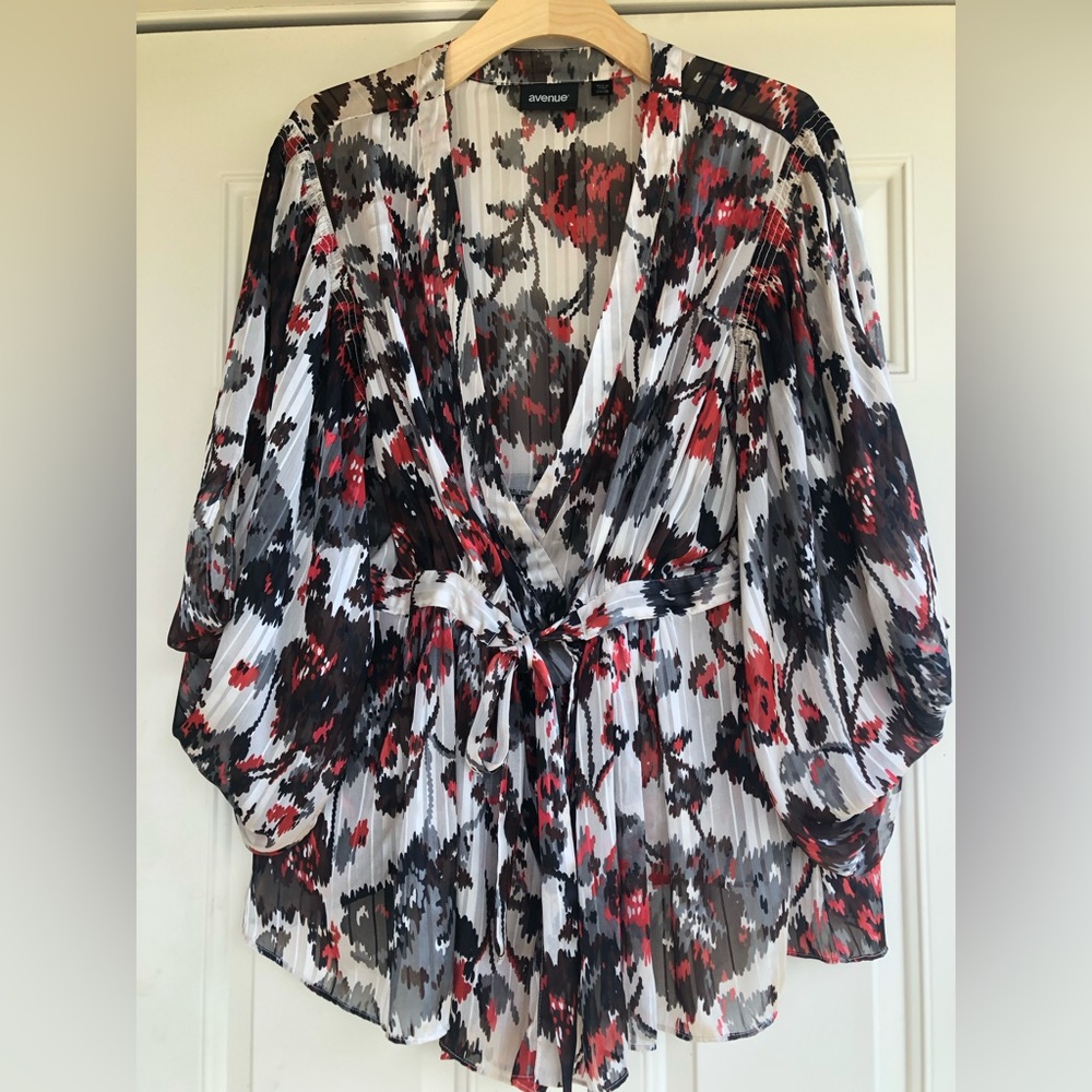 AVENUE WOMEN'S MULTICOLOR WRAP FRONT TIE split sleeve TOP PLUS Sz 26/28